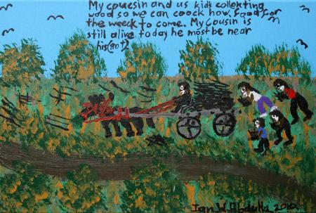 'My couesin and us kids collekting wood so we can coock'