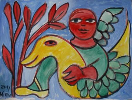 Red Angel with Green Feathers