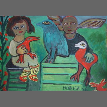 Sitting with my red and blue birds